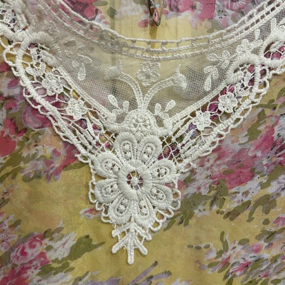 Orange Floral Chiffon Sheer Blouse Lace Trim Lightweight Top Size OS Bohemian - Picture 4 of 10